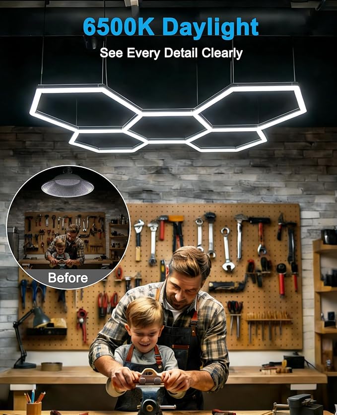 Hexagon led Lights: DIY Ceiling LED Light Hexagon Garage Lights 63070LM for Warehouse Workshop Barbershop Car Care Wash Room Auto Beauty Shop Gym Exhibition Hall 14 Grids without Rectangle Frame 6500K