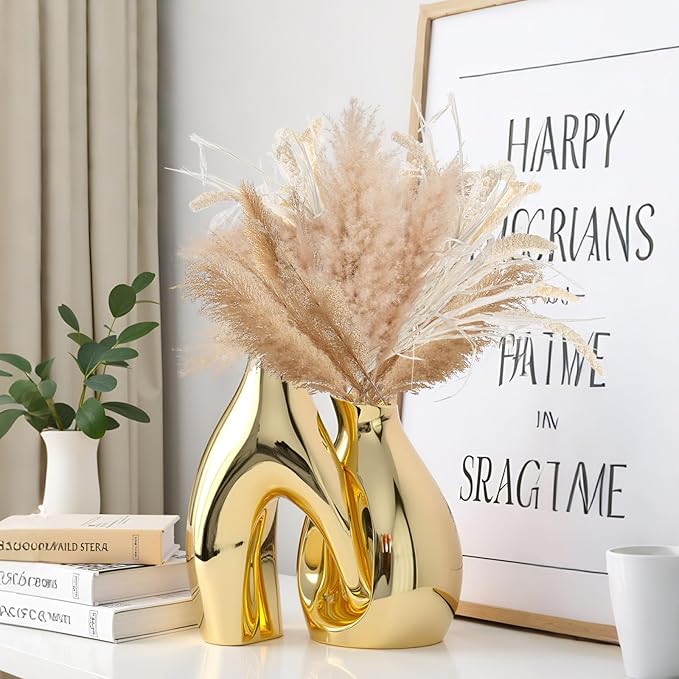 Gold Modern Abstract Ceramic Vases for Home Decor,Nordic Snuggle Hollow Design for Flowers Pampas Grass Decorative,for Living Room Coffee Table Centerpiece,Entrance,Console (Gold)