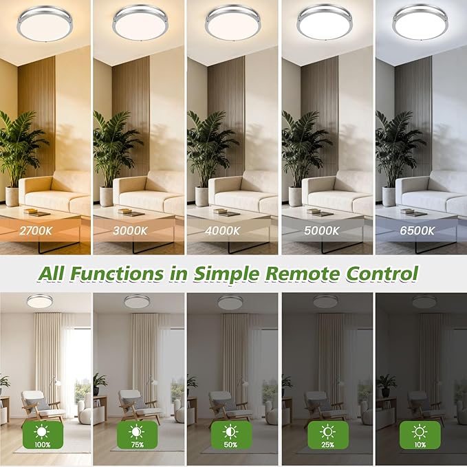 2-Pack Flush Mount LED Ceiling Light Fixture with Remote: 13Inch 36W Dimmable Modern LED Ceiling Lights, 2700K-6500K Adjustable 3600lm Super Bright Kitchen Lighting for Bathroom Hallway Brushed Nickel