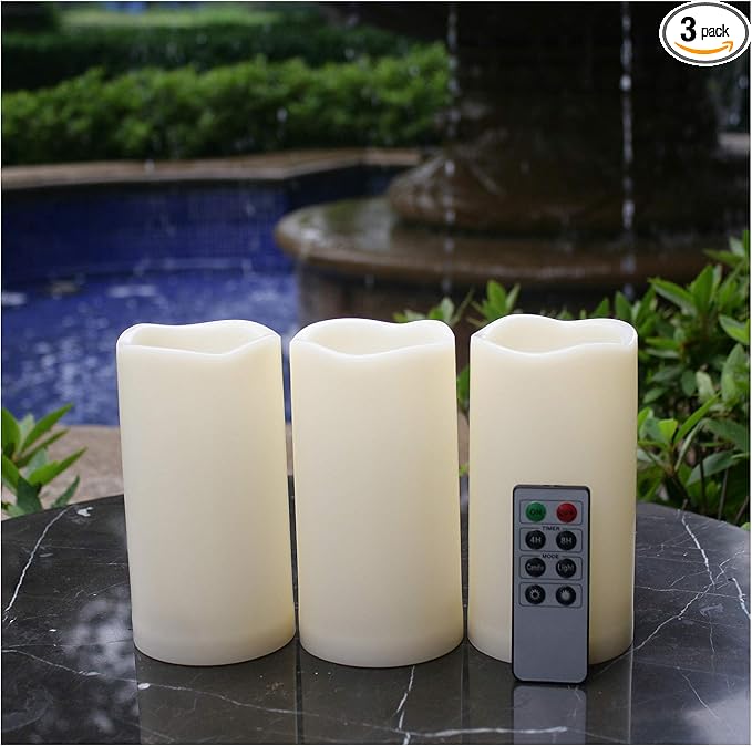 Waterproof Outdoor Flameless LED Candles - with Remote and Timer Realistic Flickering Battery Operated Electric Plastic Resin Pillar Candles for Christmas Decoration 3-Pack 3”x6”