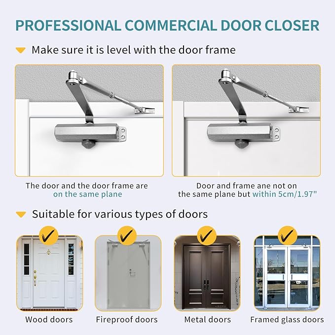 Medium Duty Hydraulic Door Closer for Commercial & Residential Use - Perfect for Screen Doors, Garage Entry, and Interior Doors with Soft Close Technology - Adjustable Automatic Door Closing Mechanism