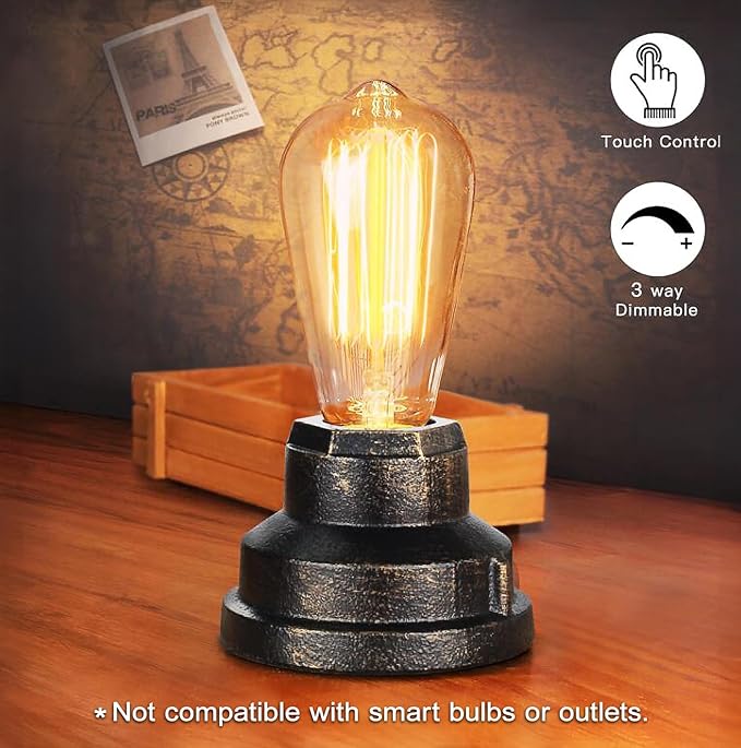 Boncoo Small Touch Control Table Lamp Base, Industrial Touch Light Vintage Edison Bulb Base, Dimmable Bedside Nightstand Accent Light for Living Room Bedroom, Antique Steampunk Style