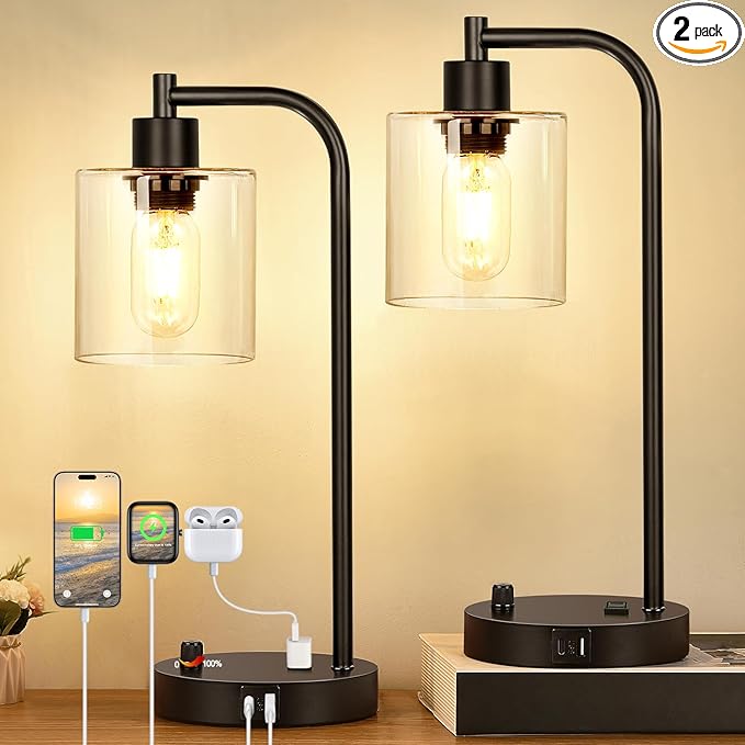 Set of 2 Industrial Table Lamps with USB C+A Ports and Outlet, Fully Stepless Dimmable Bedside Lamps for Bedrooms, Nightstand Desk Lamp with Glass Shade for Reading Living Room Office (Bulbs Included)