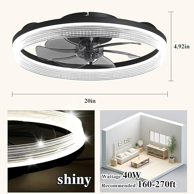 Ceiling Fans with Lights and Remote Fandelier - Black 20'' Flush Mount Low Profile Modern Ceiling Fans for Bedroom - Stepless Color Temperature and 6 Speeds