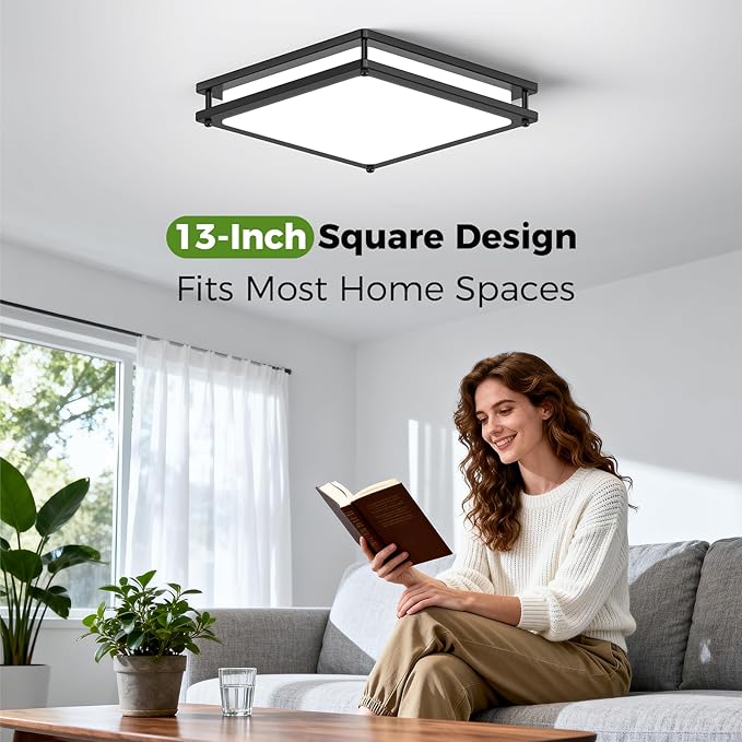 13 Inch 36W Flush Mount LED Ceiling Light Fixtures (450W Equiv), 3200LM Black Square Dimmable Ceiling Light, 2700K/3000K/4000K/5000K/6500K Adjustable Modern LED Lights for Bedroom Kitchen Bathroom