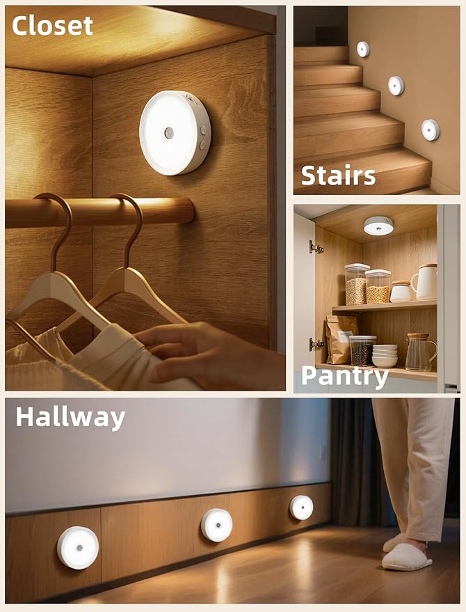 Under Cabinet Lighting, LED Puck Lights with Remote, Rechargeable Motion Sensor Lights Indoor, Dimmable Stick On Lights 3 Color Temps & 12 RGB Under Counter Lights for Kitchen, Closet White 6 Pack