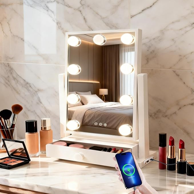 Vanity Mirror with Lights, Vanity Makeup Mirror with 9 Dimmable LED Bulbs, 3 Color Lighting Modes, Detachable 5X Magnification, LED Vanity Mirror with Drawer, Smart Touch Control,White
