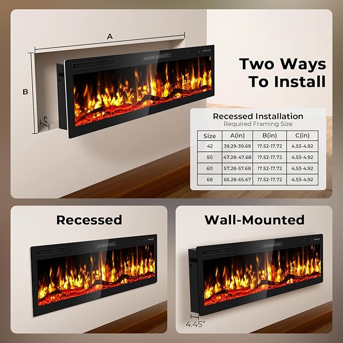 50" Smart WiFi Electric Fireplace with Sound Crackling Narrow Bezel Recessed and Wall Mounted Fireplace Heater with App, Remote Control, Log Flame Option, 750/1500W