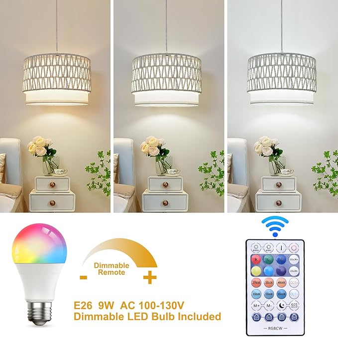 Hanging Lamp Plug in Pendant Light, 15FT White Hanging Lights with Plug in Cord, Hanging Light with Bulb and Remote, Hanging Lamps for Bedroom, Living Room, Kitchen, Farmhouse