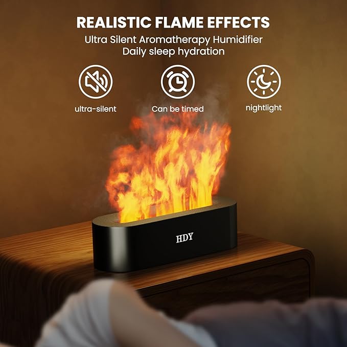 HDY 7 Color Flame Ultrasonic Humidifier - Color LED Essential Oil Diffuser, Silent Fireplace Design with Timer & Waterless Auto Shut-Off, 150ml Capacity for Home, Hotel & Office Use (Glossy Black)