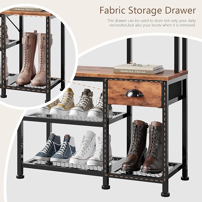Furologee Coat Rack, Hall Tree with Bench and Shoe Storage, 4 in 1 Entryway Bench, Coat Rack with 3 Shelves and Drawer, Entryway Organizer with 5 Hooks for Hanging, Rustic Brown