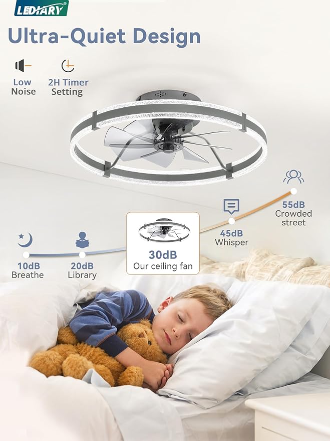 LEDIARY Ceiling Fans with Lights and Remote, 24'' Low Profile Ceiling Fan with Light, 3000-6000K Dimmable Fandelier Ceiling Fans, Modern Flush Mount Fan for Bedroom with 6 Wind Speeds- Sandy Gray