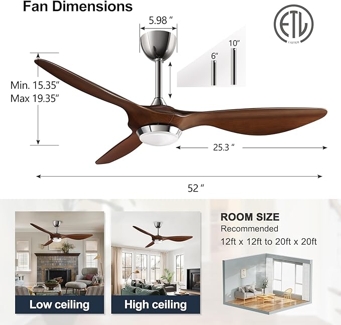 reiga 52 Inch ETL Listed High CFM Quiet DC Motor Smart Ceiling Fans with Lights Remote Control, Indoor 3 Blade Modern Ceiling Fan for Living Room Bedroom
