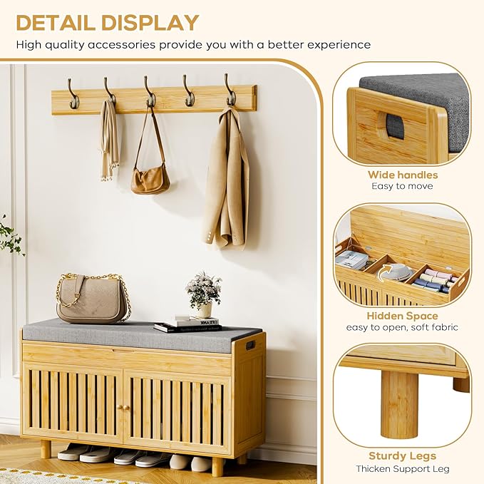 Shoe Storage Bench Coat Rack Set, 35.4" Bamboo Shoes Bench with Lift Top Hidden Storage & Wall Hooks, Hall Tree Entryway Bench with Seat Cushion, 2-Tier Shoe Cabinet for Entryway, Living Room, Bedroom