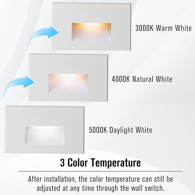 12-Pack Step Lights - Outdoor/Indoor Stair Lights, 12V LED, 3000K/4000K/5000K Color Changing, IP66 Waterproof, Horizontal for Steps