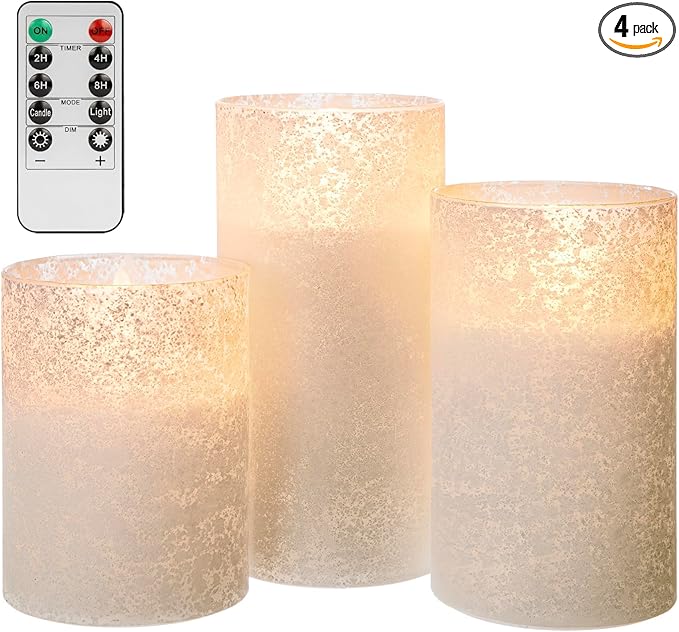 ANGELLOONG White Candles Battery Operated, White Flameless Candles with Remote, Set of 3 Spring Electric Fake LED Pillar Candle in Glass for Home Decor Wedding Decoration