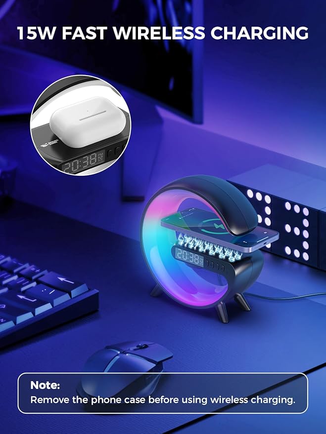 Smiling Shark Wake Up Light, Atmosphere Desk Light with 15W Wireless Charger & Bluetooth Speaker Button Control 10 Lights Mode Sunrise Simulation Alarm Clock Smart Light for Home Decor Bedroom