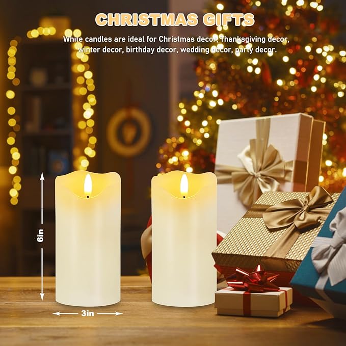 VEEKI Flameless Candles Light, Set of 2 6"x3" Flickering LED Candles with Remote & Timer, Dimmable Real Wax Electric Pillar Candles Battery Operated, White Candles for Home Christmas Decor (White)