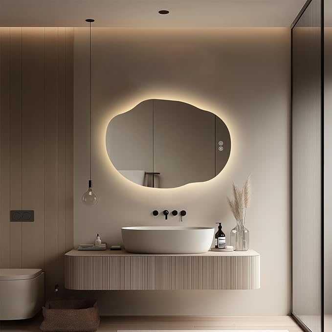 LED Bathroom Mirror with Lights 25x35, Dimmable Irregular Backlit Vanity Mirror with 3 Colors, Anti-Fog, Memory, Al-Alloy Lampshade, Frameless Smart Mirror for Bathroom (Horizontal/Vertical)