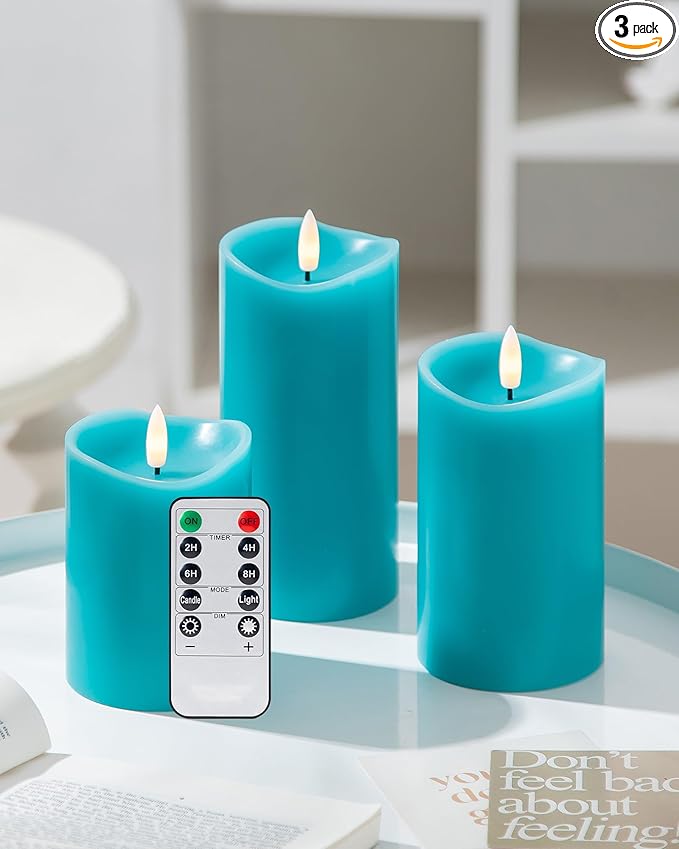 Teal Flameless Candles with Remote Timer, Real Wax Made LED Pillar Candles Battery Operated with 3D Flickering Flame, Teal Bathroom Accessories, Turquoise Set of 3 (3" x 4",5",6")