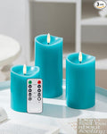 Teal Flameless Candles with Remote Timer, Real Wax Made LED Pillar Candles Battery Operated with 3D Flickering Flame, Teal Bathroom Accessories, Turquoise Set of 3 (3" x 4",5",6")