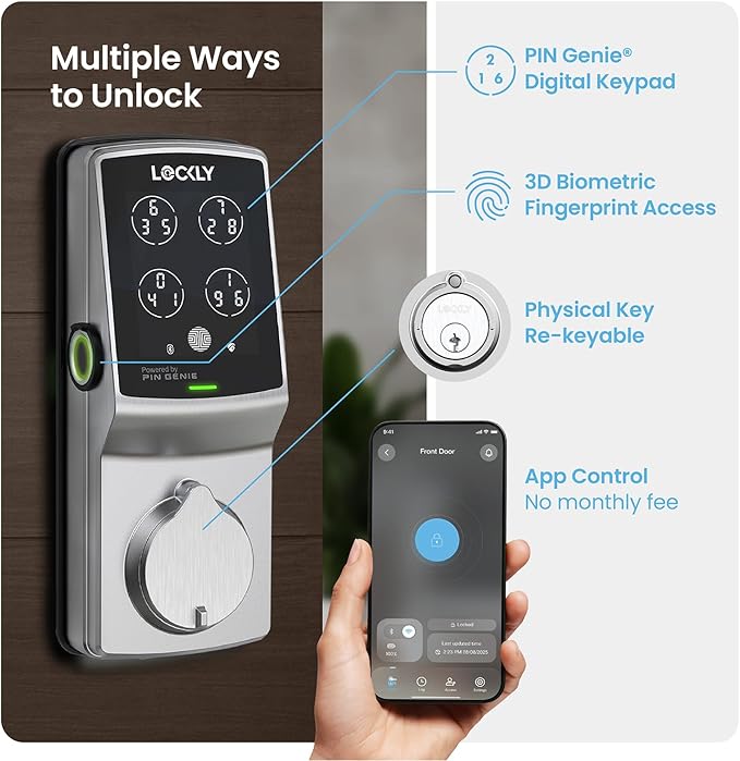 Lockly Secure Pro Wi-Fi Smart Door Lock, Keyless Entry with PIN Genie® Digital Keypad, 3D Biometric Fingerprint Sensor Front Door Lock Deadbolt, Voice Control & Auto Lock - Left Fingerprint Edition