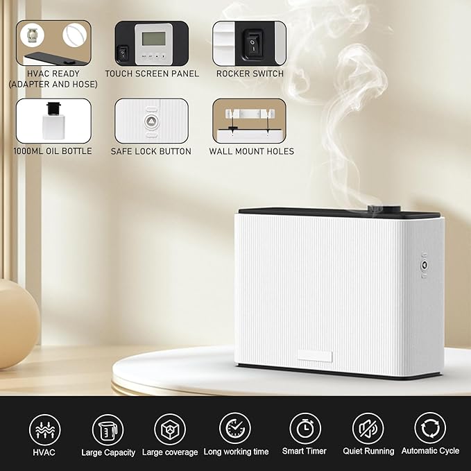 Scent Air Machine for Home, HVAC Scent Diffuser Cover Up to 4500 Sq. Ft, Fragrance Diffuser 1000ML, Waterless Cold Air Diffuser for Essential Oils for Large Room, Whole House, Business, Spa, White