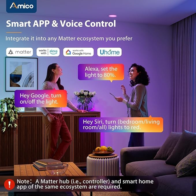 Amico 6 Pack 5/6 Inch WiFi LED Recessed Can Smart Matter Lights, RGBCW Color Changing Retrofit Recessed Lighting, Voice & APP Control, 12W=110W 1100LM, Alexa & Google Compatible, ACK, IC & ETL