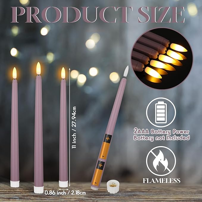 Macarrie 24 Packs Flameless Taper Candles Battery Operated Fake 11 Inch Long Candlelight LED Flameless Candlesticks Flickering Tapered for Spring Summer Wedding(Light Purple)