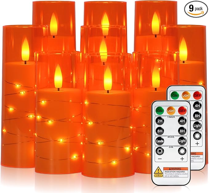 Raycare Flameless Candle with Remote Timer – 9 Flickering Acrylic Battery Operated LED Pillar Candles with Embedded Star String for Halloween, Home Decor, and as a Gift (Orange)