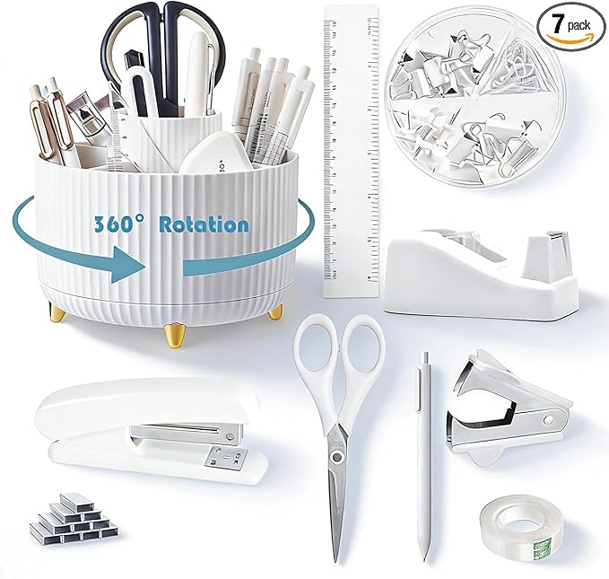 White Desk Organizers and Accessories Set with 360-Degree Rotating Pen Holder, Tape Dispenser, Stapler, Staple Remover, 1000 Staples, Tape, Clips Set, Ruler, Scissor, Pen