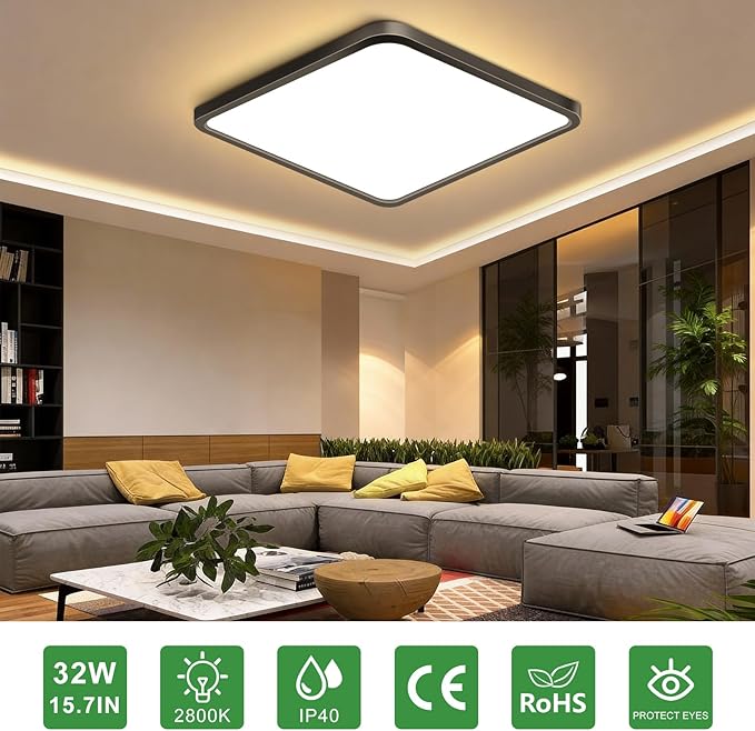 15.7Inch 32W Square LED Ceiling Light Fixtures Flush Mount, 2800K Warm White LED Ceiling Lamp, Surface Mount Modern Ceiling Lights, Black Slim Flat Panel Lighting for Bedroom, Kitchen, Bathroom