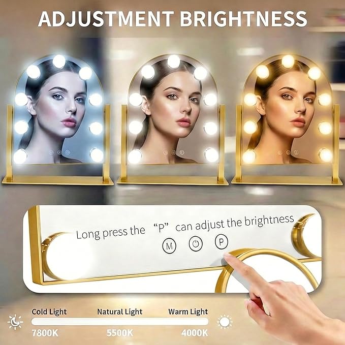 Arched Makeup Vanity Mirror with Lights 14.17"x 11.81" LED Makeup Mirror Detachable 10X Magnification, Hollywood Make Up Mirror with Lighting, Smart Touch, Rechargeable,360° Rotation, (Gold)