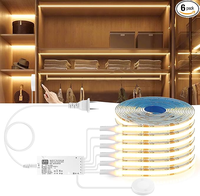 LED Under Cabinet Lighting Kit 6PCS 12V COB LED Strip Lights with 36W Adapter 1M/3.3FT Penetrable Wood Touch Dimmable Led Strip 3000k Flexible LED Cabinet Lights for indoor Kitchen ,Book Shelf, Closet
