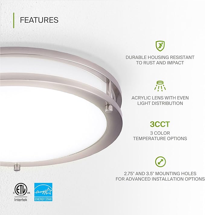 ASD LED 16" Round Flush Mount Lighting, Close to Ceiling Light Fixture | 3CCT, Dimmable, Energy Star, ETL Listed | 24W 1854LM 3000-5000K 120V | Low Profile Double Ring Lamp | Nickel, 4 Pack