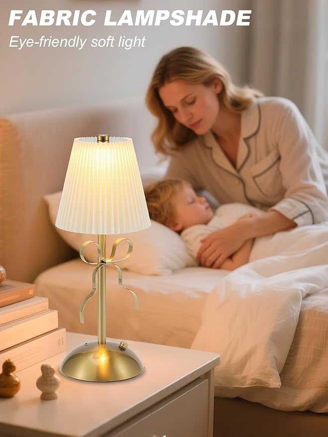 Cordless Table Lamp,Small Gold Bow Night Light,LED Rechargeable Reading Lights,3 Color Stepless Dimmable Touch Control Bedside Lamps,Bedroom Living Room Bar Desk Lamps Home Decor Ambient Lighting