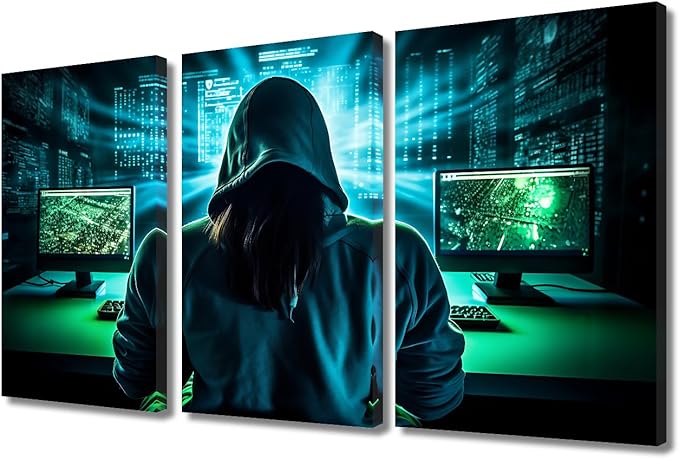 Hacker Malware Pictures for Bedroom Wall Decor AI Big Data Paintings AI Painting Wall Art Print on Canvas Hacker Artwork Home Wall Decor 3 Pieces Posters and Prints Framed Ready to Hang, 36"Wx24"H