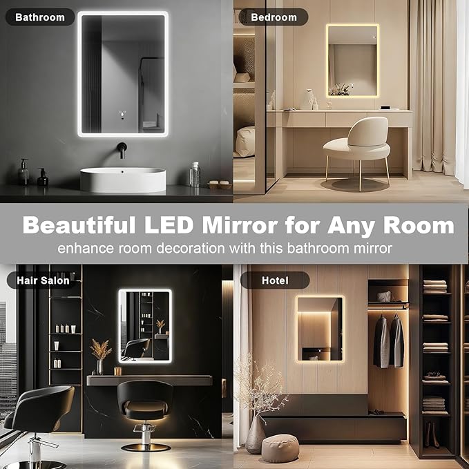 LED Bathroom Mirror, 20x28 in Vanity Mirrors with Backlit Lights for Shaving, Fogless Makeup Mirror Wall Mounted with Demister, Dimmable 3 Color Lighting, IP54, Hand Swipe, Vertically Only