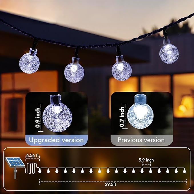 Metaku Solar String Lights for Outside, 36FT 60 LED Crystal Globe String Lights, Solar Powered Outdoor Lights with 8 Lighting Modes, Patio Hanging Lights for Garden, Camping and Party Décor Cool White