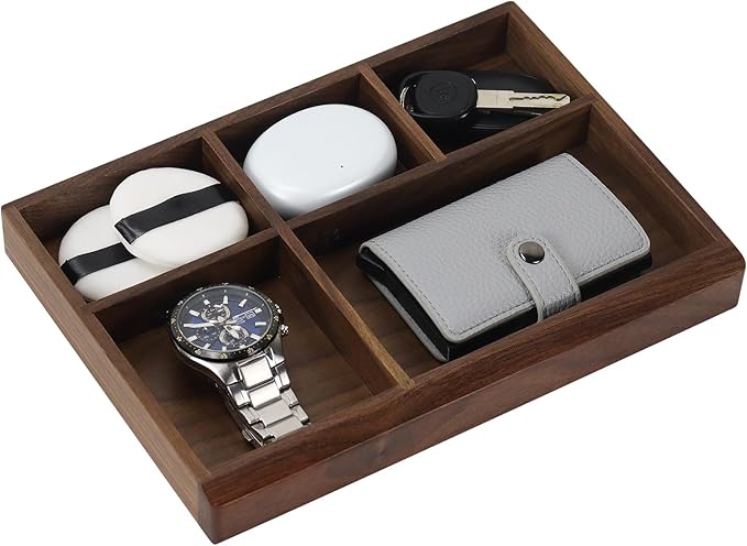 MultiBey 5-Slot Walnut Valet Tray Organizer | Wooden Valets Tray for Nightstand, Dresser & Desk |EDC Catchall Trays with 5 Sections for Jewelry, Wallet, Watch, Keys, Earbuds (Walnut)