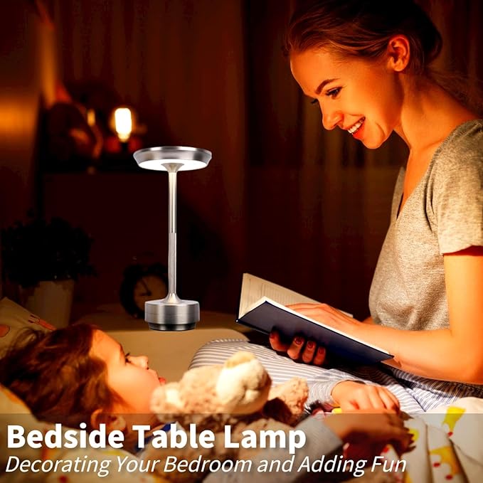 Cordless LED Table Lamp, Rechargeable Touch Control Desk Lamp Battery Operated Nightstand Night Light with Dimmable Brightness for Living Room, Home Office, Restaurant (Silver)