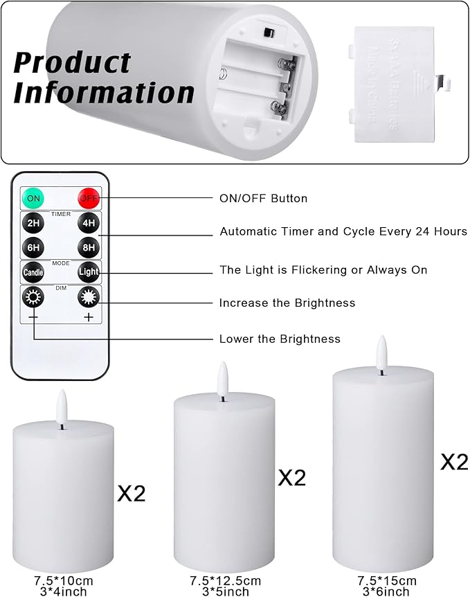Leelosp 6 Pack Flameless Candles with Remote Timer, Battery Operated Flickering Flameless Candles Bulk Flat Top Pillar LED for Wedding Festival Outdoor Home Decor D 3'' H 4'' 5'' 6''(White)