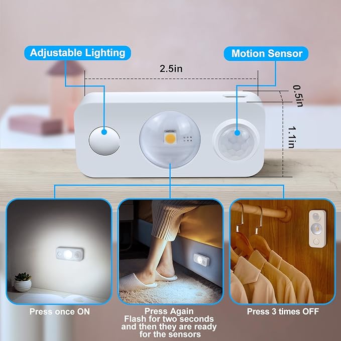 LED Motion Sensor Puck Lights, Rechargeable Cabinet Lights, Stick on Wireless LED Night Light for Closet, Drawer, Shelf, Under Cabinet, Daylight White 8Pack, USB Charging Cord Included