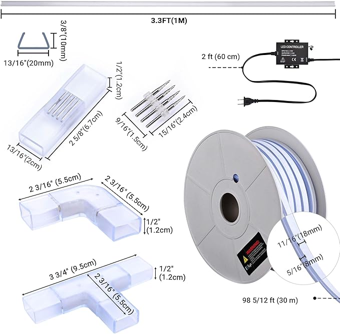 DELight AC 110-120V Waterproof IP65 RGB 100ft Neon Rope Lights with U Channel Pin Connectors Remote Control & APP Dimmable Cuttable Flexible LED Strip Lights Outdoor DIY Project DEL-D1MP100R