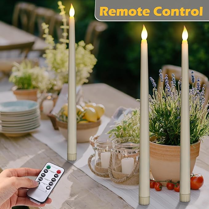 Tuanse 24 Pack 24 Pack Flameless Flicker Taper Candles Bulk with Remote and Timer, Battery Operated LED Warm White Taper Candles Light for Home Wedding Decoration Gifts (Beige,12 Inch)