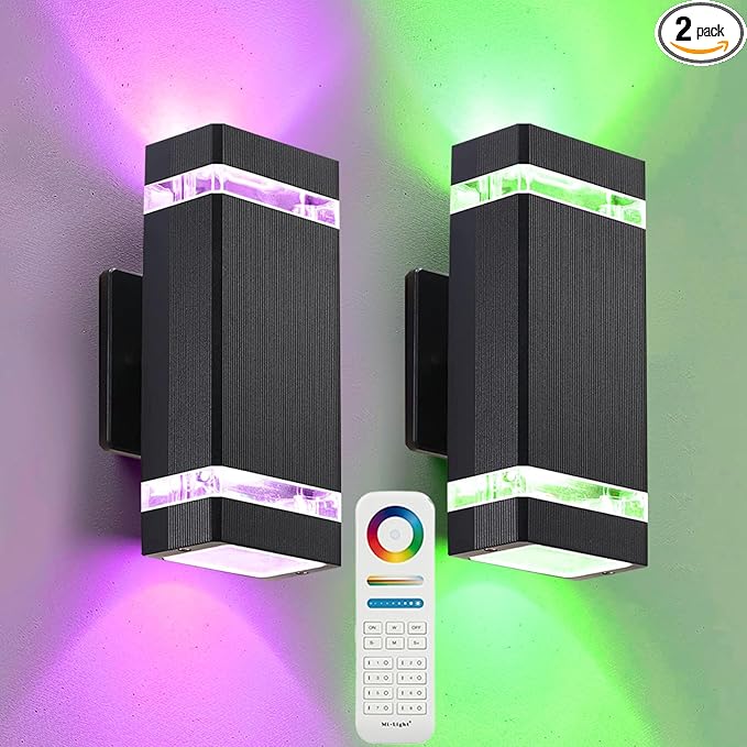 Smart Wall Light, RGB Outdoor Light Fixture with Mi.Light Remote Control, Warm White and RGB-CCT 1000lm Color Changing Outdoor Wall Lights with Smart Light Bulb GU10 (2 Pack)