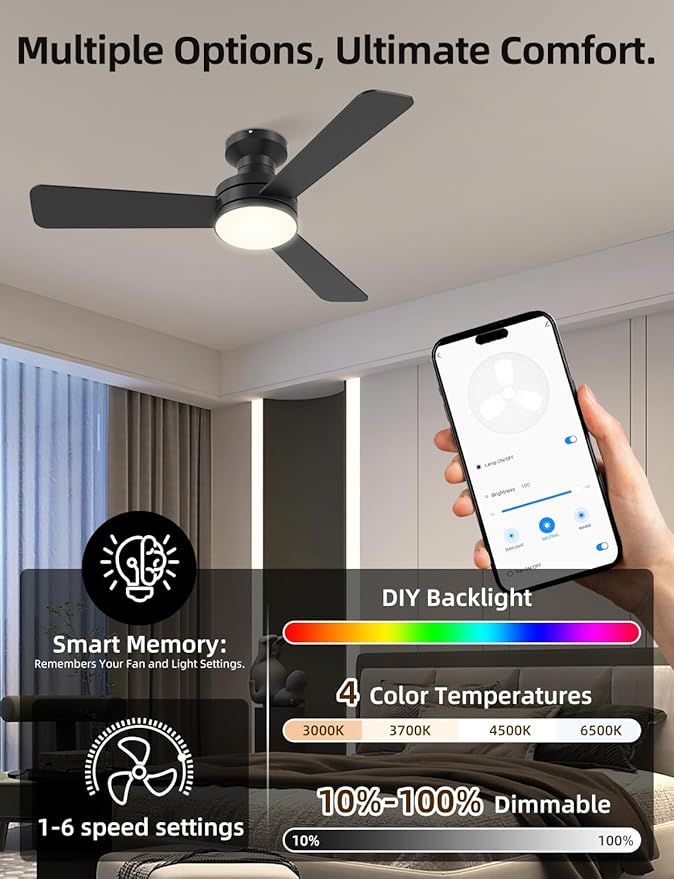 42" RGB Ceiling Fan with Light, Music Sync Smart Fan with Alexa/Google/App Control, Low Profile Flush Mount, 6-Speed Quiet DC Motor, 4 CCT Dimmable Lighting for Bedroom Living Room, Black