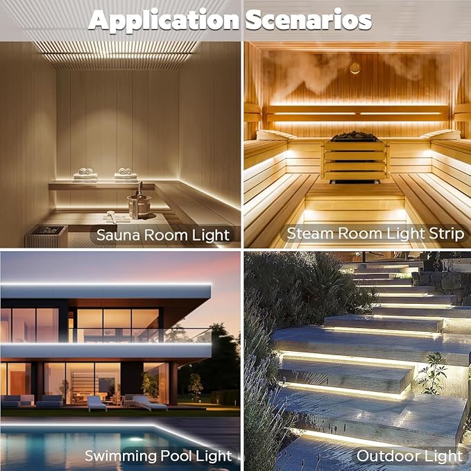 SuperlightingLED DC24V LED Tape 6000K Sauna Lights for inside Sauna, Flexible High Temperature Rated & IP68 LED Strip Light Water-submersible, 600 LEDs Bright & 5m 16.4ft Long (6000K Daylight White)