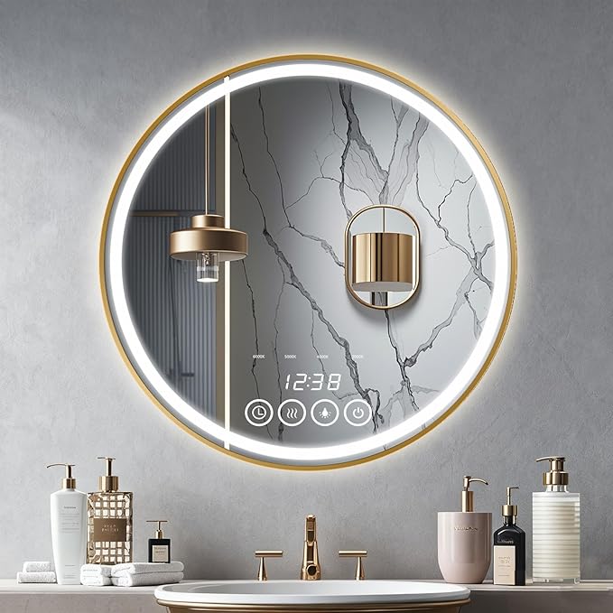 Wall-Mounted Round Bathroom Mirror with LED-Lights - Frame Vanity Mirrors (24" x 24", Gold)