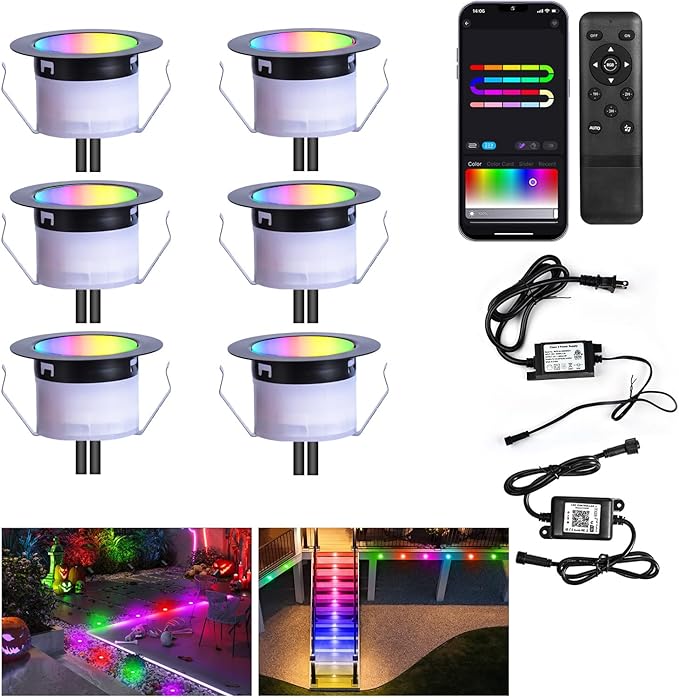 Sumaote LED Deck Lights Kit, 6 Pack 1.77" RGBW+IC Multicolor Dynamic Low Voltage Recessed Landscape Lights, IP67 Waterproof 12V Step Light Outdoor for Garden Yard Path Ground Stairs